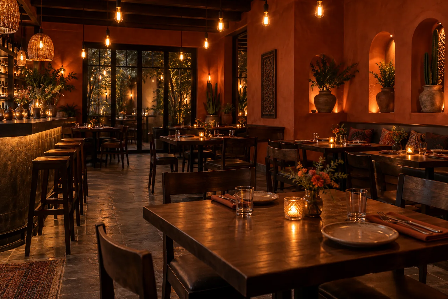 Warm restaurant dining room at night