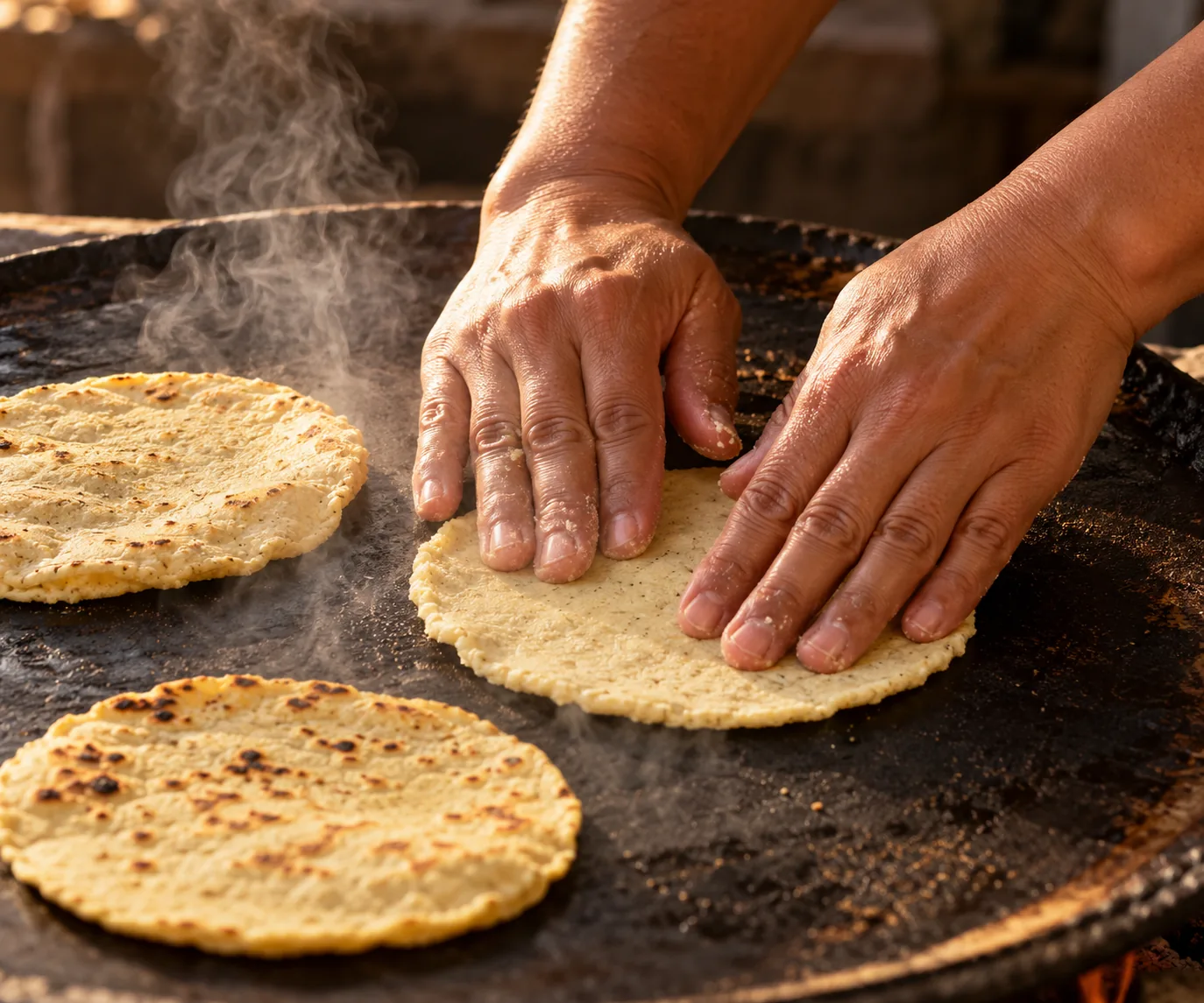 Hands pressing fresh corn tortillas on a hot comal