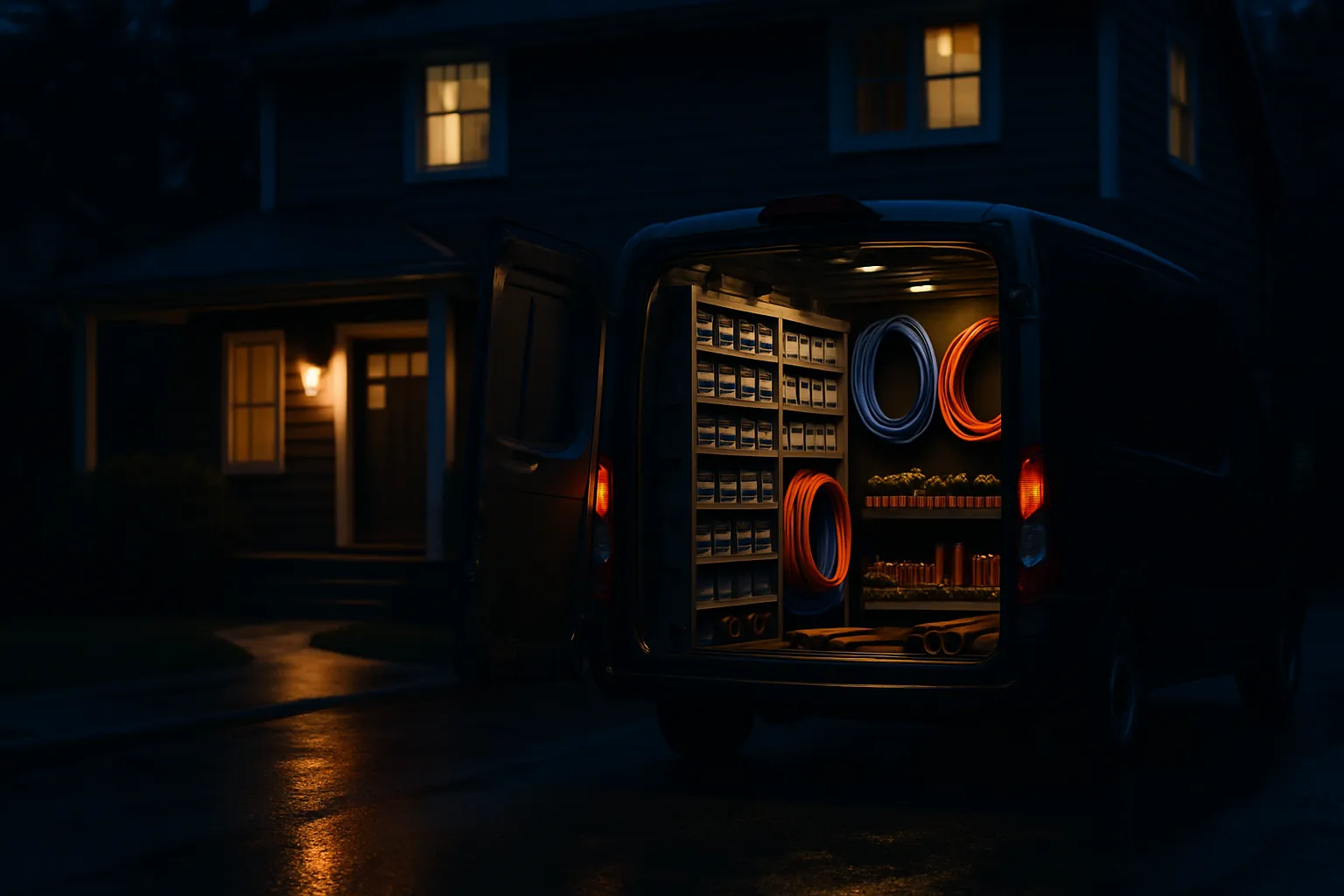 A dark work van at dusk with its rear doors open, parts organized inside