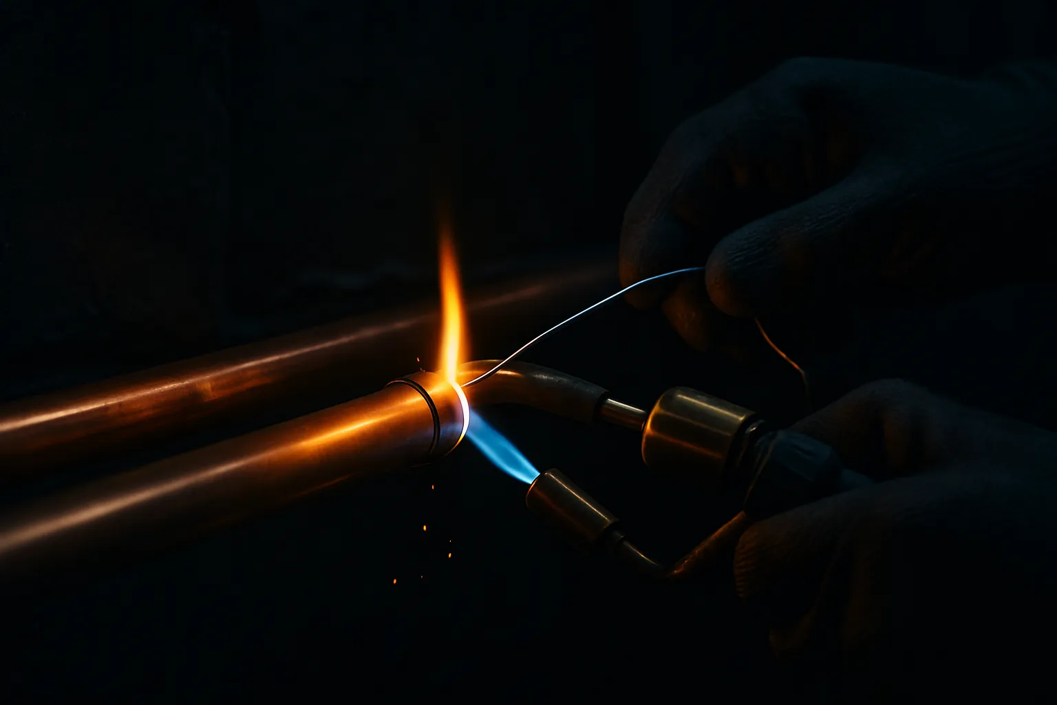 A plumber's gloved hands soldering a copper pipe joint with a small torch